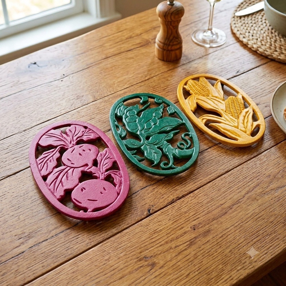 Vintage Cast Iron Vegetable Trivets Set of 3 Corn Peas Radish Multicolored